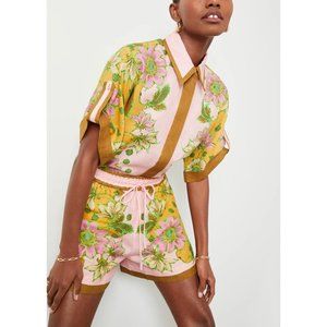 Floral Print Short-Sleeve Button Down Shirt - Pink & Mustard